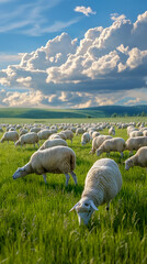 Peaceful Flock of Sheep Grazing in Sunlit Pasture - obrazy, fototapety, plakaty