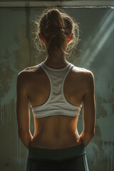 Back View of a Woman in Sportswear Against Moody Backdrop - obrazy, fototapety, plakaty