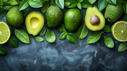 Fresh Citrus and Avocado Assortment Surrounded by Green Leaves - obrazy, fototapety, plakaty