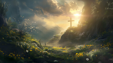 psd with transparent background of a mountain landscape with a cross in the foreground
