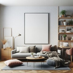 A living room with a template mockup poster empty white and with a couch and a table photos harmony lively.