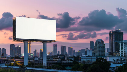 Seamless transition from day to night on a white billboard for high-quality urban advertising, city skyline in the background.