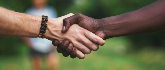 Two hands shaking hands, one white and one black by AI generated image