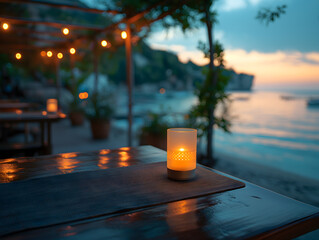 Serene Evening at a Beachside Cafe with Soft Lighting