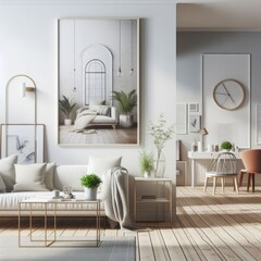 A living room with a template mockup poster empty white and with a couch and a table standardscalex image realistic lively has illustrative meaning.
