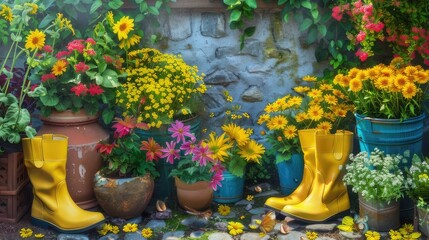 Vibrant Sunny Spring or Summer Garden Scene Flowerpots, Yellow Boots, and Gardening Delight

