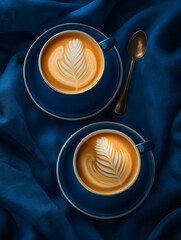 Artistic Latte Art on Two Cups of Coffee with a Blue Background - obrazy, fototapety, plakaty