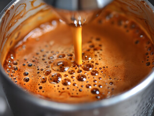 Close-Up View of Freshly Brewed Espresso Crema in a Machine - obrazy, fototapety, plakaty