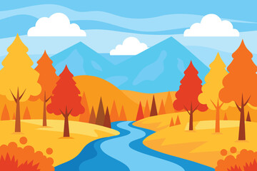 Collection of autumn river landscapes for banner, web site, social media. Editable vector illustration with beautuful fall scenery, orange and yellow trees in forest