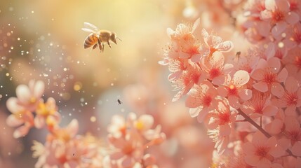 Pszczoła lata nad różowymi kwiatami, zbierając nektar. Kwiaty są pełne pyłku i otwarte na słońce