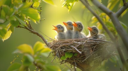 Grupa ptaków siedzi na gnieździe umieszczonym na szczycie drzewa. Ptaki skupiają się na pielęgnowaniu gniazda i komunikują się między sobą za pomocą śpiewu i krzyków