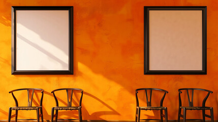 A warmly lit room featuring two blank black frames on an orange wall, with wooden chairs positioned beneath.