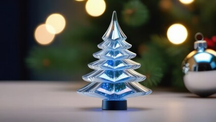 Christmas tree toy in form of blue Christmas tree on background bokeh of side flickering light bulbs garlands for family winter holiday Happy New Year. Festival mood