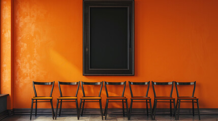 Black-framed art against an orange wall, flanked by wooden chairs, exuding contemporary elegance. - Powered by Adobe