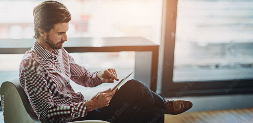 Poster businessman, internet and office work on tablet for productivity, digitalization and workflow of tas