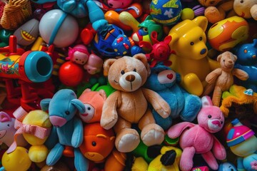 Funny Toys. A Colorful Collection of Children's Toys in a Playroom - obrazy, fototapety, plakaty