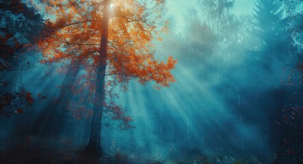Autumn Fog. Enchanted Forest with Misty Morning Light and Colorful Foliage - obrazy, fototapety, plakaty