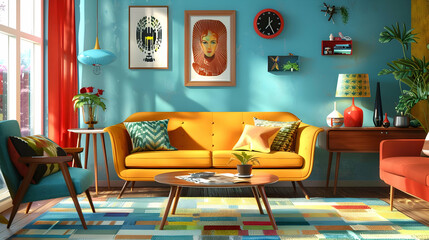 high quality transparent psd  a colorful living room featuring a yellow couch adorned with blue and green pillows, accompanied by a small round table and a red chair the room is accented with