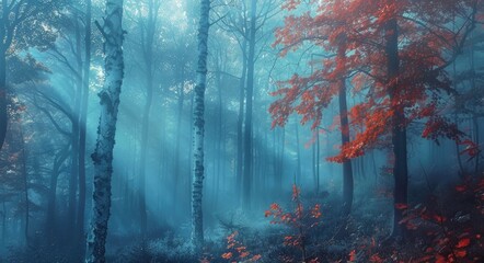 Autumn Fog. Enchanted Fall Forest in Morning Fog with Old Tree - obrazy, fototapety, plakaty