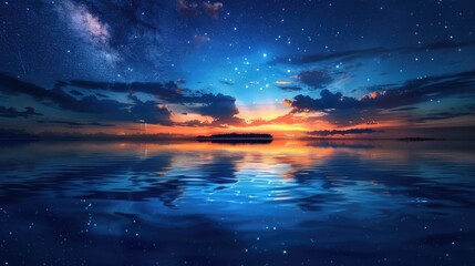 Sunset Dark. Amazing Creation: Stars Reflected in Dark Waters of Archipelago - obrazy, fototapety, plakaty