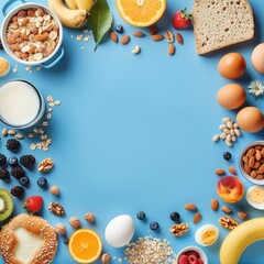 Healthy Food Blue Background. Breakfast Ingredients Frame with Oat and Corn Flakes, Eggs, Nuts, Fruits, Berries, Toast, Milk, Yogurt, Orange, Banana, Peach. - obrazy, fototapety, plakaty