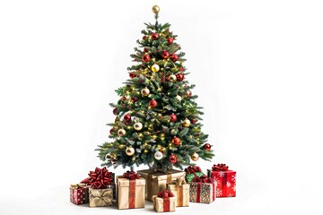 Isolated Christmas Tree. Closeup Composition with Ornamented Gifts on White Background