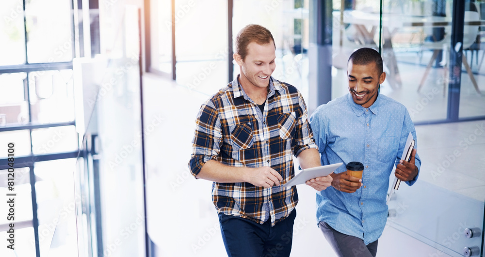 Poster Business men, walking and tablet with talking, planning and website content with collaboration and advice in office. Startup, talking and tech with seo working and project with web idea and ux design