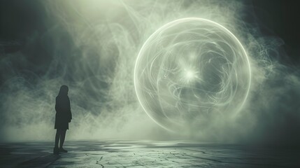 Fototapeta premium Mysterious Ethereal Orb Captivates Curious Onlooker in Minimalist Paranormal Landscape