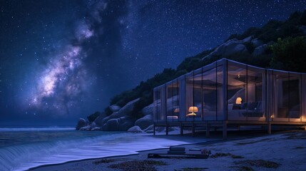 A beachside glamping scene under the stars, featuring a spacious tent with transparent walls, offering a clear view of the night sky .