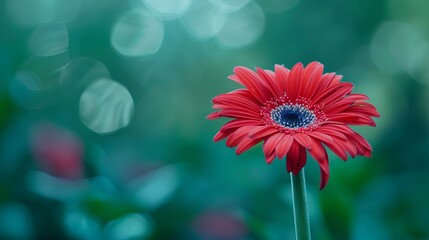 Red flower stands out in green garden. - obrazy, fototapety, plakaty