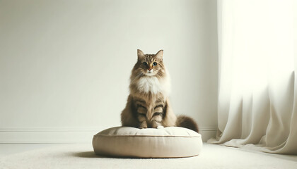 Elegant cat sitting on pillow in minimalist room