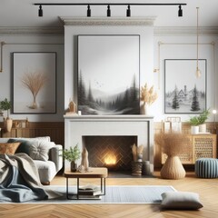 A Room with a template mockup poster empty white and with a fireplace and a couch realistic attractive card design.