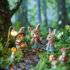 Un grupo de tres pequeños ratones, en el bosque,vestidos de campesinos