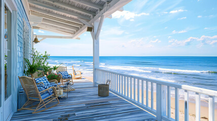 A image of a beachfront cottage with panoramic ocean views, coastal decor, and a private deck or patio, offering a serene seaside  - Powered by Adobe