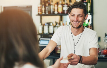 Bartender, customer and credit card for payment in bar with fintech or happy for service in small...