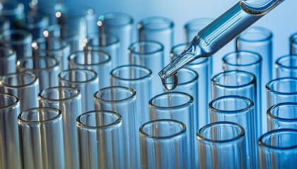 Close-up of pipette drop, glass test tubes for experiment. Scientific research. Chemical laboratory