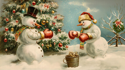 Retro card with gentlemen snowmen competing in a boxing match, funny Christmas card