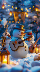 Magical scene of snowmen musicians performing at a New Year's party, soft glow of lanterns and a Christmas tree in the background, Christmas card idea