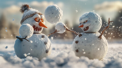 Funny card with scary snowmen fighting each other with snowballs on a snowy field