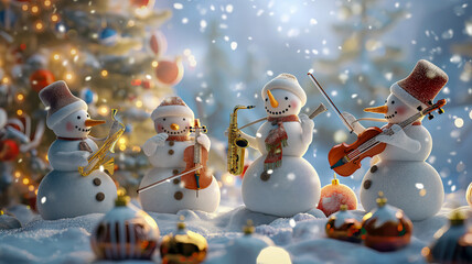 New Year's card with snowmen-musicians playing Christmas melodies, standing against the backdrop of a Christmas tree and creating a festive atmosphere