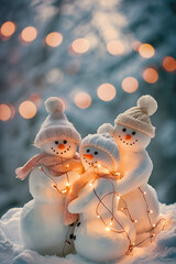 A postcard with three snowmen hugging each other and entangled in a Christmas garland and smiling standing against the backdrop of a snowy forest, a postcard for congratulating a Happy New Year