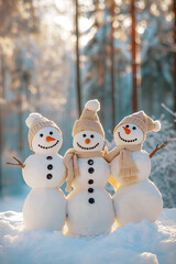 Three cheerful snowmen hugging each other and smiling stand against the backdrop of a snow-covered pine forest, a postcard for congratulating Merry Christmas and Happy New Year