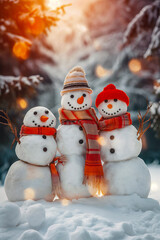 Snowy Harmony, three kind snowmen hugging each other and smiling against the backdrop of a snowy forest, a postcard for congratulating Merry Christmas and Happy New Year