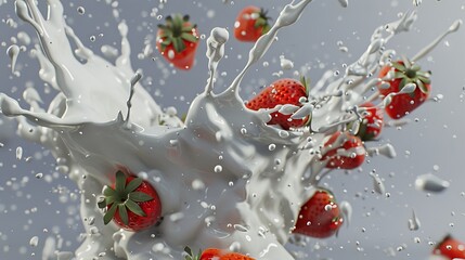 Strawberries falling into stream of milk. - obrazy, fototapety, plakaty