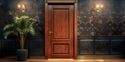 door in front of the door,  A image of a classic wooden door with intricate detailing and a polished finish, adding warmth and character to a room
