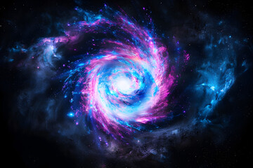 Stellar neon galaxy with vibrant blue and pink swirls. Abstract art on black background.