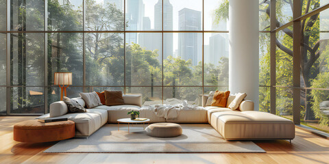 modern living room, A image of a contemporary living room with sleek furniture, minimalist decor, and large windows letting in natural light