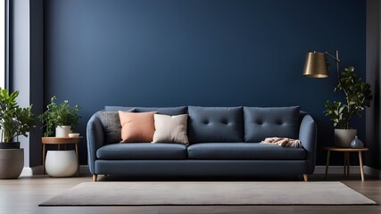 Couch in a comfortable modern living room against a blank, dark blue wall. Artificial Intelligence