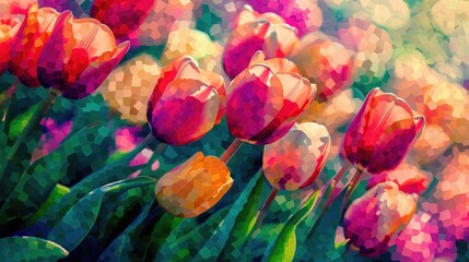 Na obrazie przedstawione są tulipany rosnące na polu pełnym kwiatów. Kwiaty przykuwają uwagę swoimi żywymi kolorami i delikatnymi płatkami