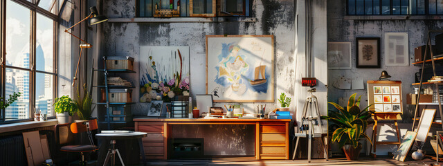 An image of a creative studio space with art supplies, inspiration boards, and ample natural light, fostering creativity and artistic 